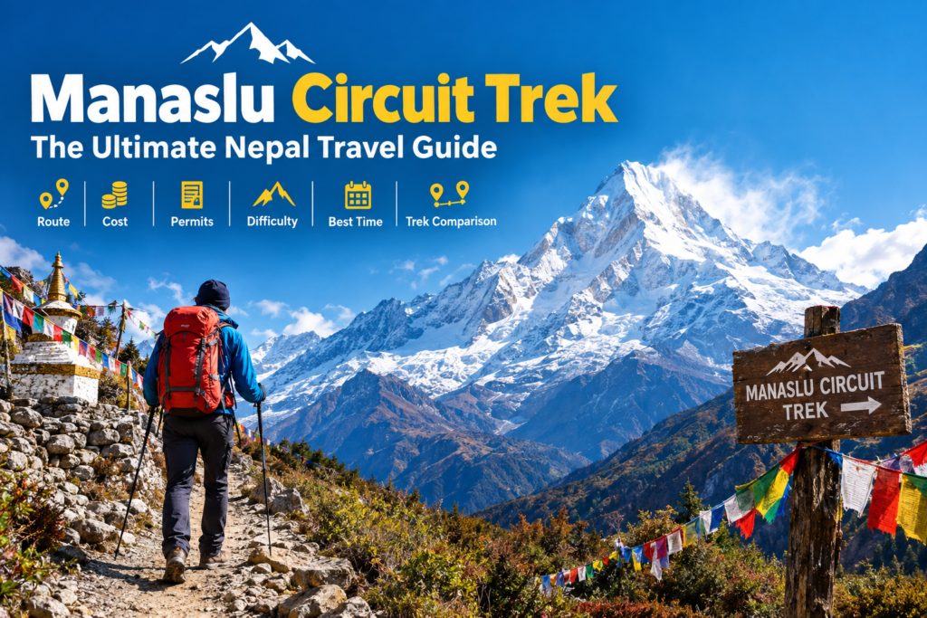 Manaslu Circuit Trek in Nepal featuring Mount Manaslu, Larkya La Pass, Himalayan villages, Buddhist monasteries