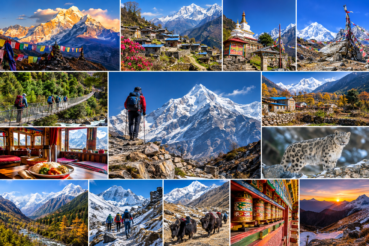 Manaslu Circuit Trek in Nepal featuring Mount Manaslu, Larkya La Pass, Himalayan villages, Buddhist monasteries, suspension bridges, and breathtaking mountain landscapes