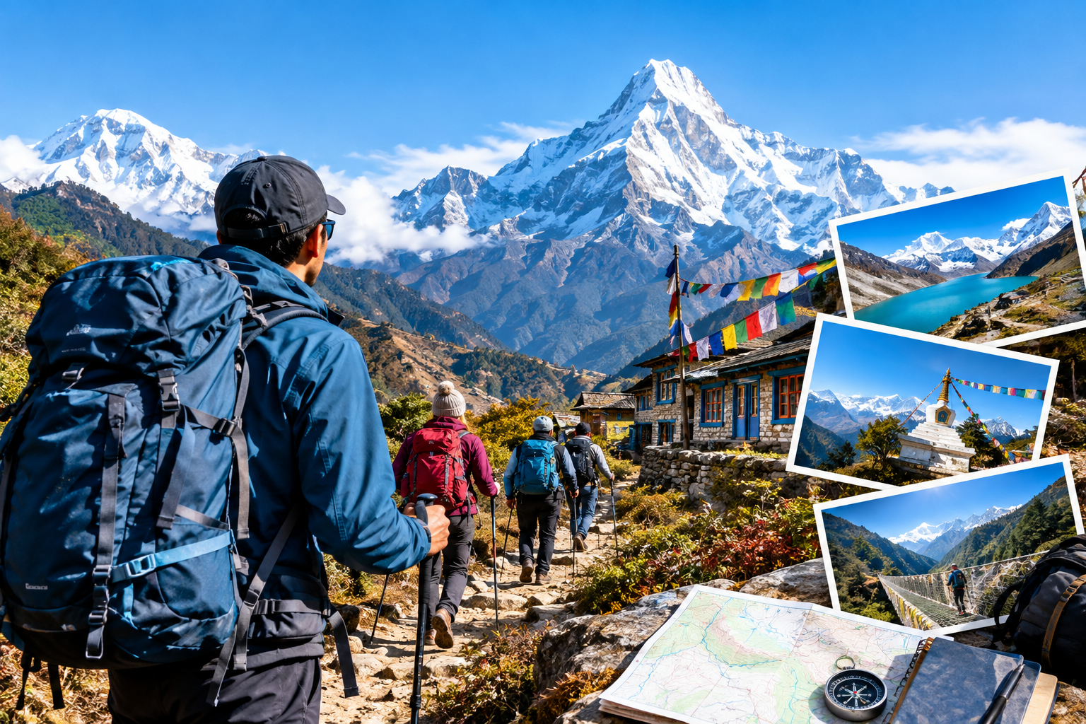 Nepal Trekking Packages with trekkers exploring the Himalayan mountain trails, traditional villages, and snow-capped peaks in Nepal